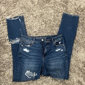 American Eagle Outfitters Women's Ripped Dark Blue Cropped Mom Jeans